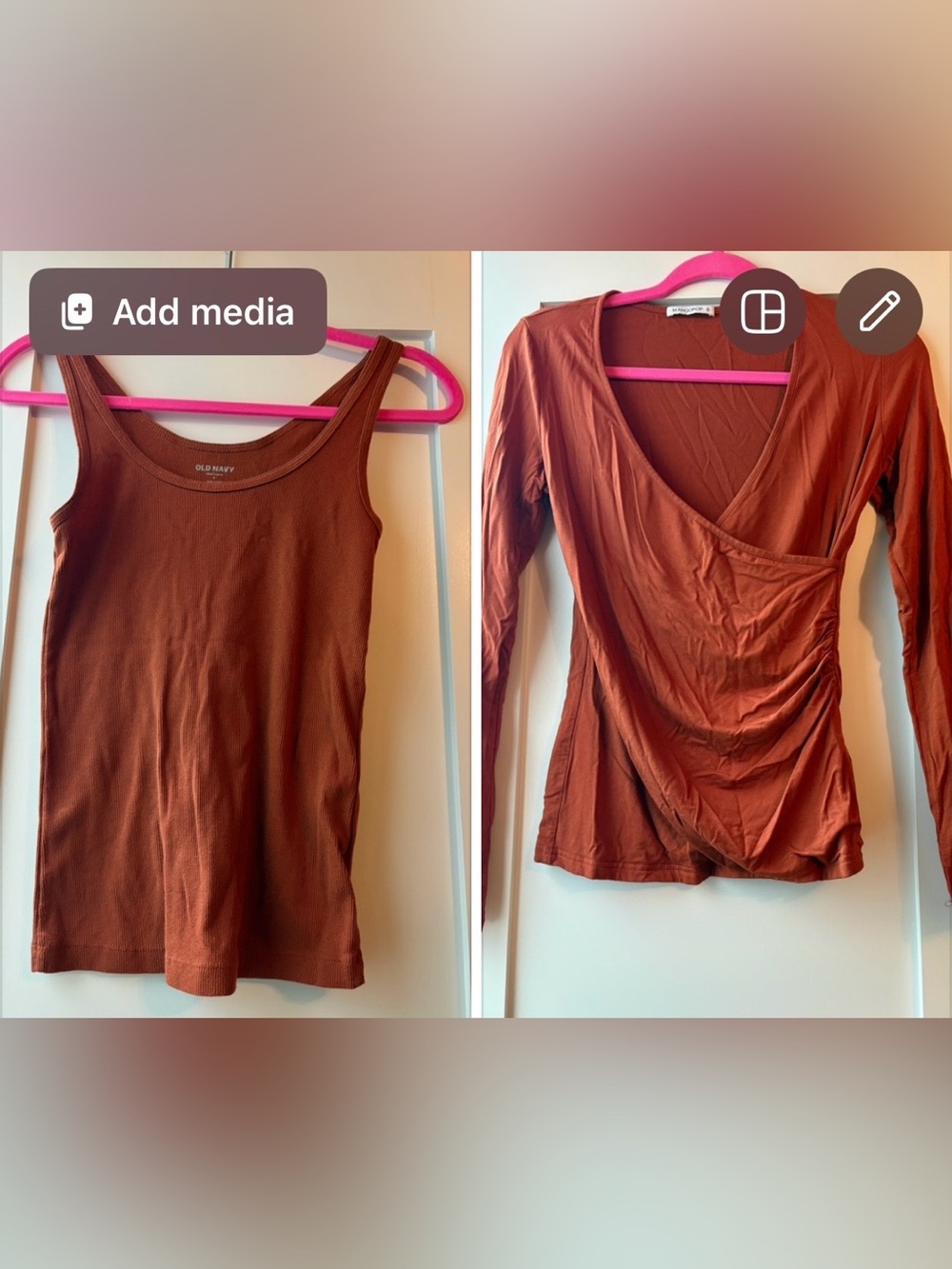 (2) TOPS,Mango Rust Wrap-Front Long Sleeve Top, tank top, both sm,PTP 17-18 NWOT